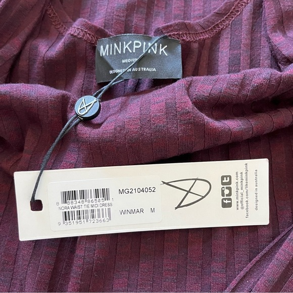 NWT MINKPINK Nora Ribbed Waist Tie Maroon Side Slit Midi Dress Size Medium - Picture 11 of 11